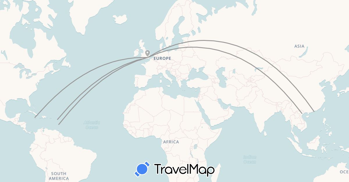 TravelMap itinerary: plane in Antigua and Barbuda, United Kingdom, Hong Kong, Jamaica, Saint Lucia, Vietnam (Asia, Europe, North America)